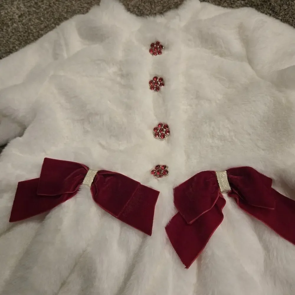 Blueberi Boulevard Girls White Faux Fur Dress Coat Red Bows Size 10 Holiday